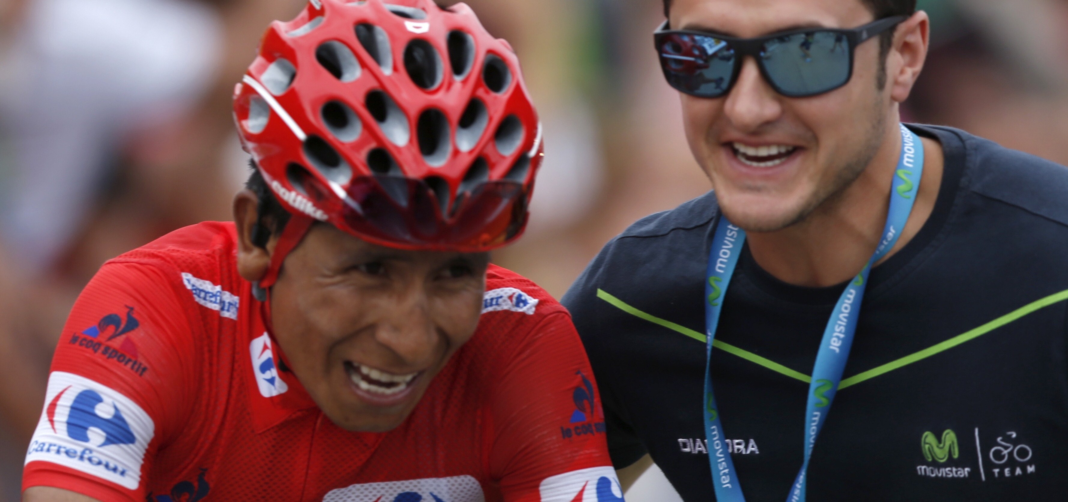 GRA217. FORMIGAL (HUESCA), 04/09/2016.- El ciclista colombiano del equipo Movistar, Nairo Quintana a su llegada a la meta de la decimoquinta etapa de la Vuelta Ciclista a España 2016, con salida en la localidad de Sabiñánigo y meta en Aramón Formigal,en Sallént de Gállego, con un recorrido de 118,5 kilómetros. EFE/Javier Lizon